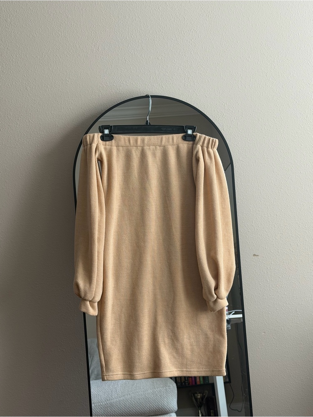 Beige Off-Shoulder Long Sleeve Knit Dress
